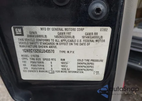 2002 Chevrolet Tahoe Lt from USA, damaged, VIN 1GNEC13Z92J343570